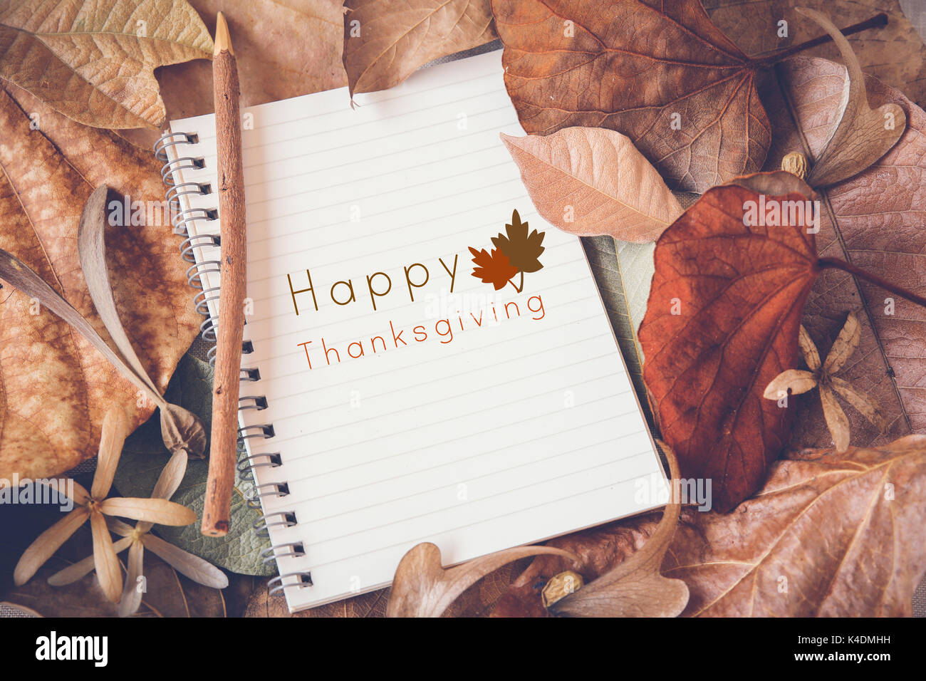 Happy Thanksgiving auf Notebook mit Blätter im Herbst Stockfoto