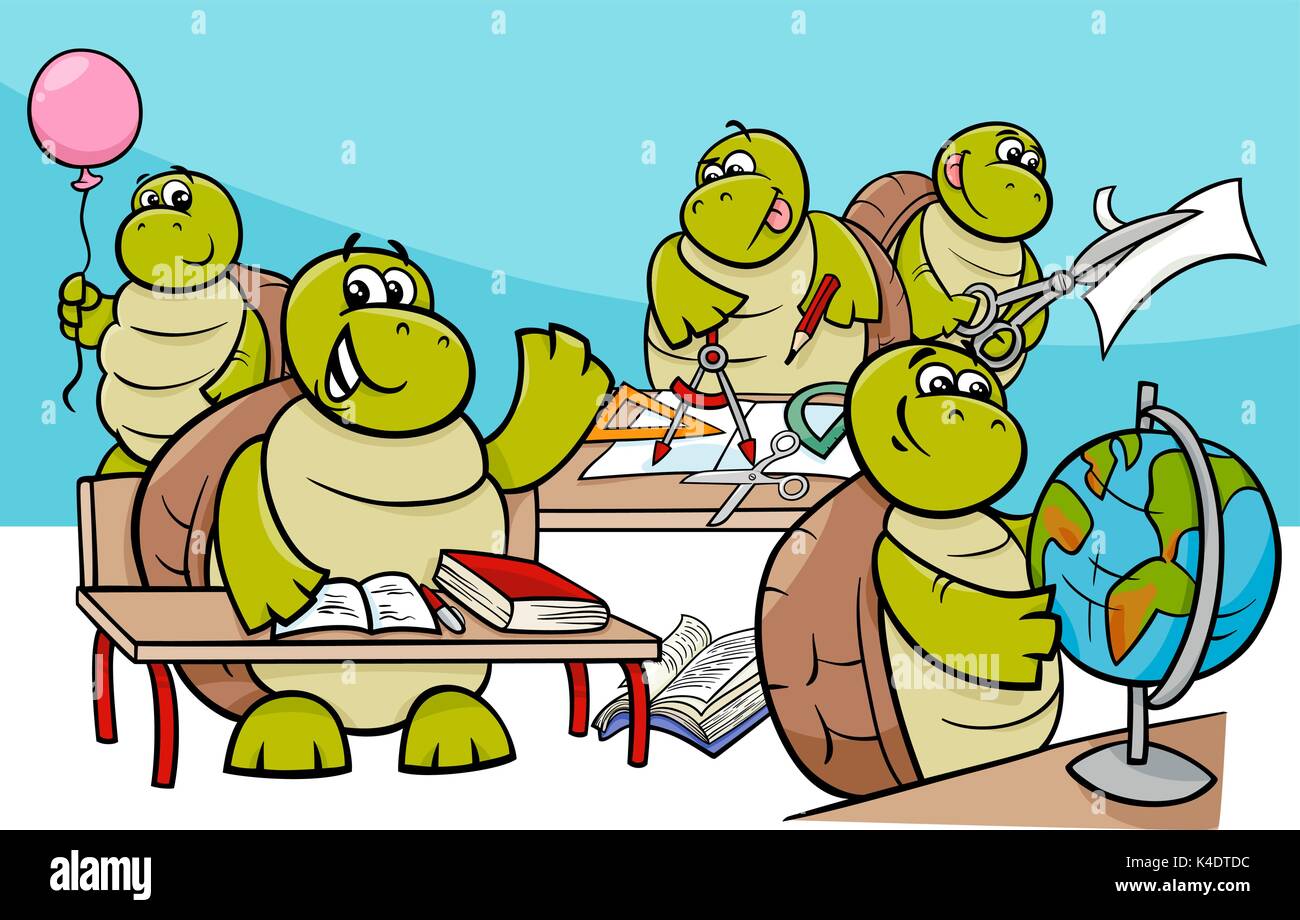 Cartoon Illustration von Turtle Tier Zeichen im Klassenzimmer Stock Vektor