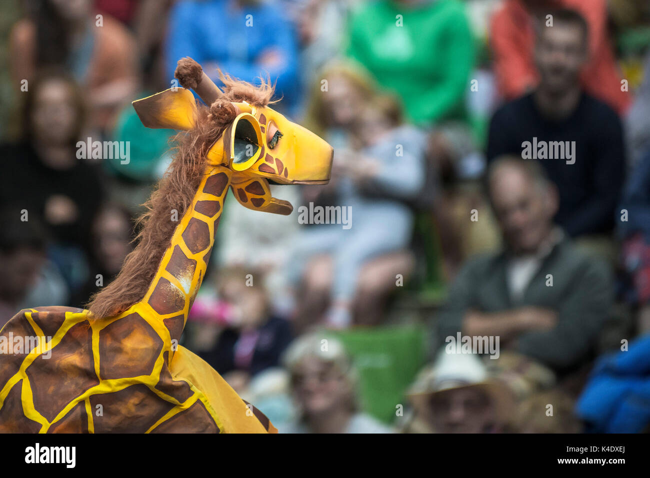 Puppenspiel - eine Giraffe Marionette in der Intelligenteste Riese in der Stadt in das Open Air Amphitheater im Trebah Garten in Cornwall. Stockfoto