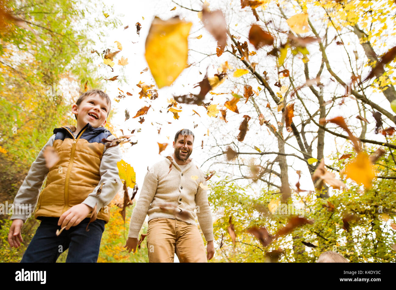 Junger Vater mit seinem Sohn im Herbst Wald. Stockfoto