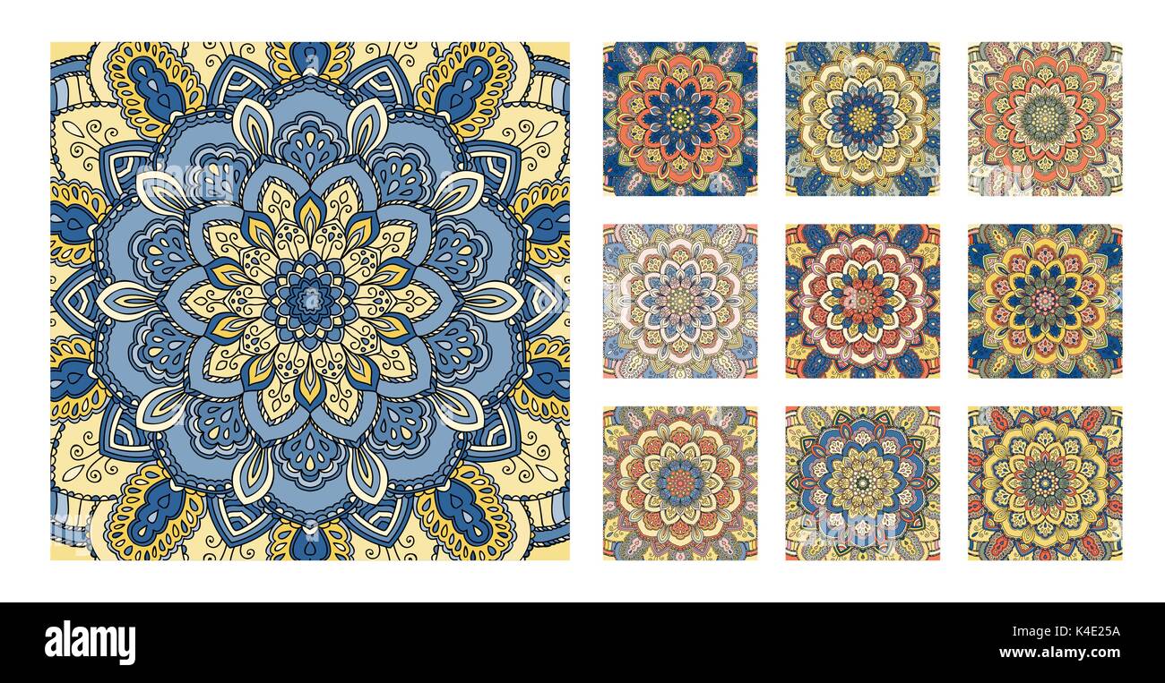 Blumenmuster Fliese Blau Gelb Orange Dekoration Stock Vektor