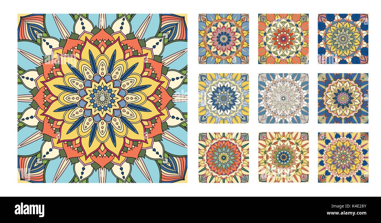 Blumenmuster Fliese Blau Gelb Orange Ornament Stock Vektor