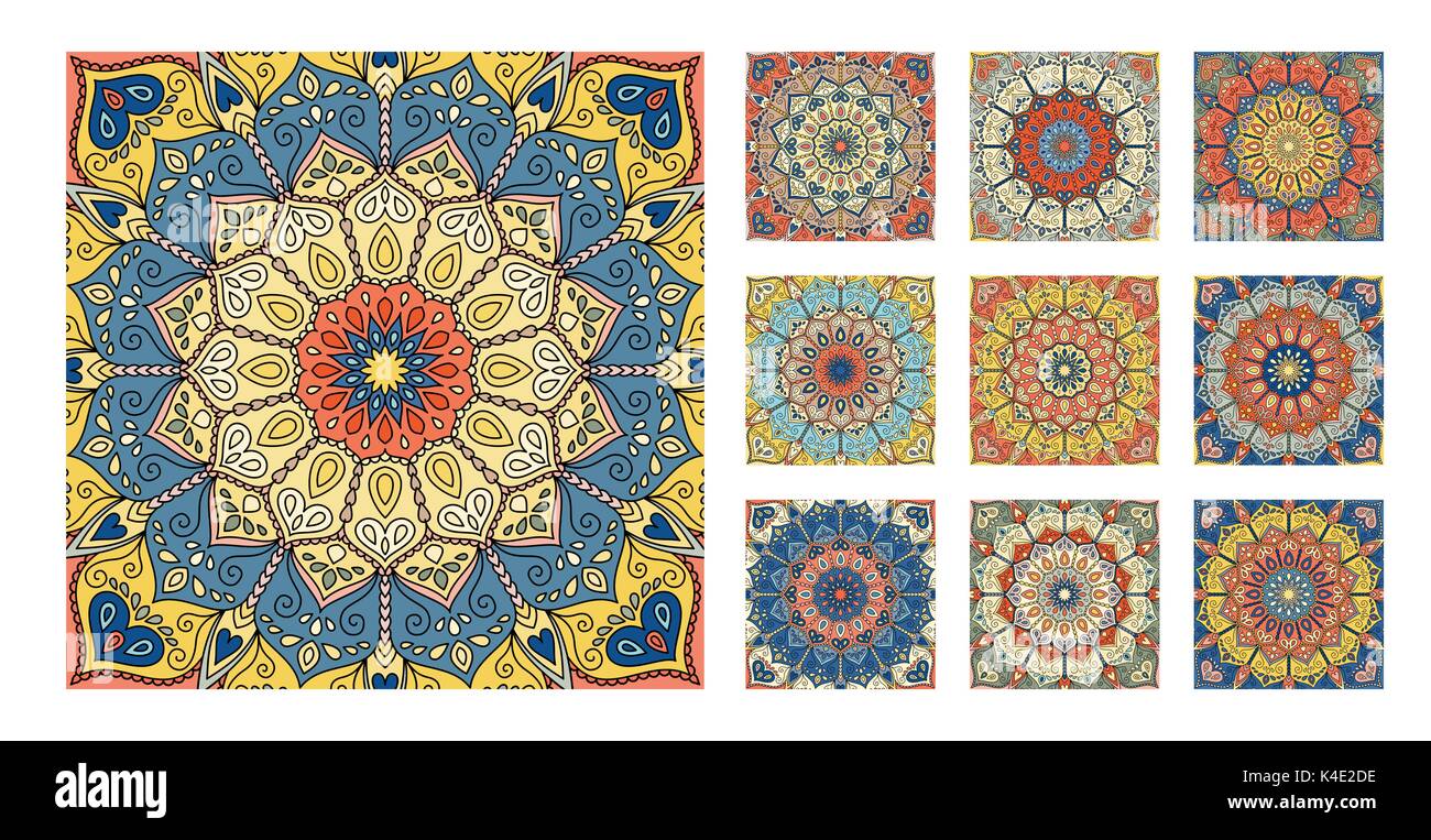 Blumenmuster Fliese Blau Gelb Orange Mandala Stock Vektor