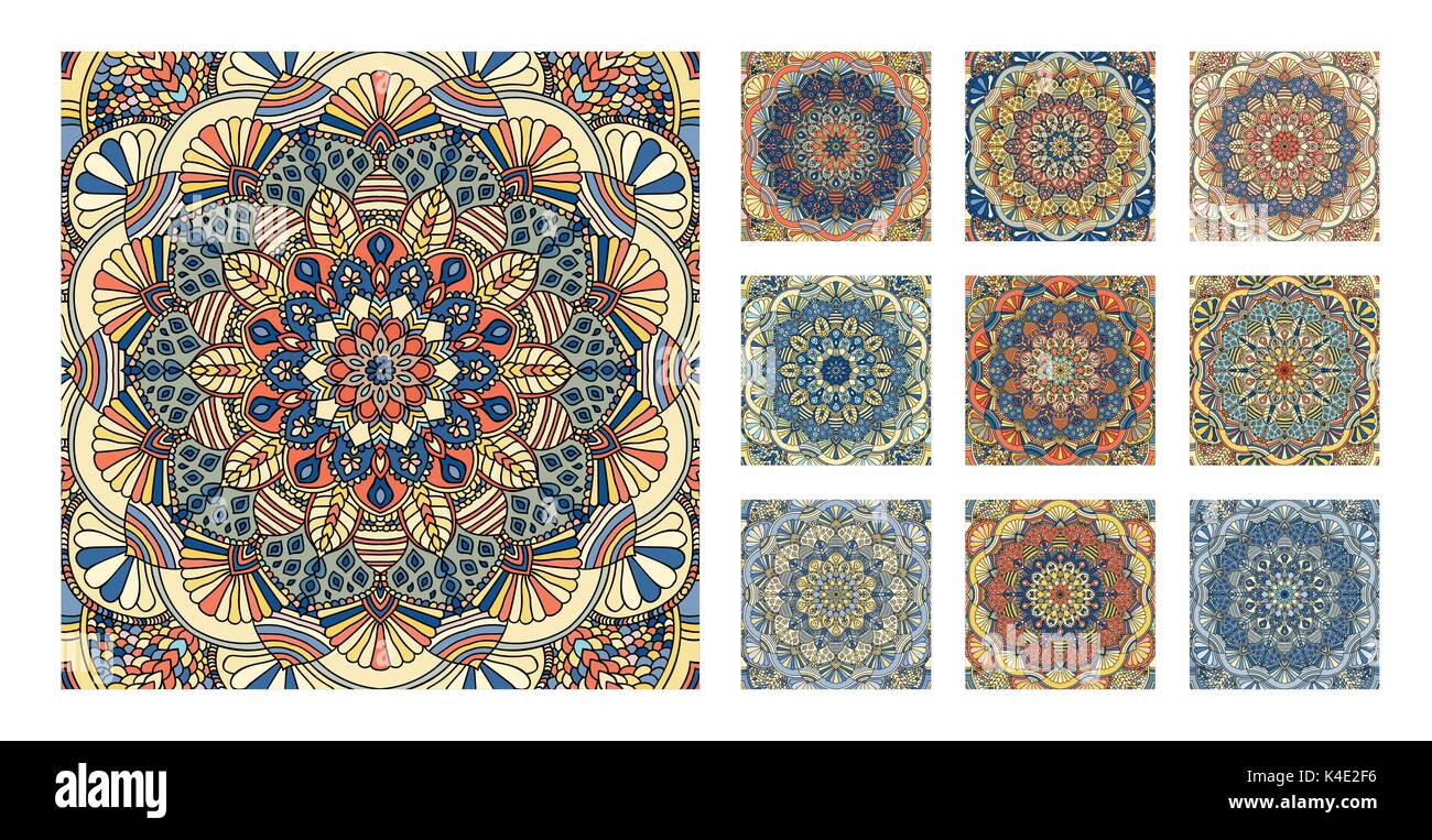 Blumenmuster Fliese Blau Gelb Orange Mandala Stock Vektor
