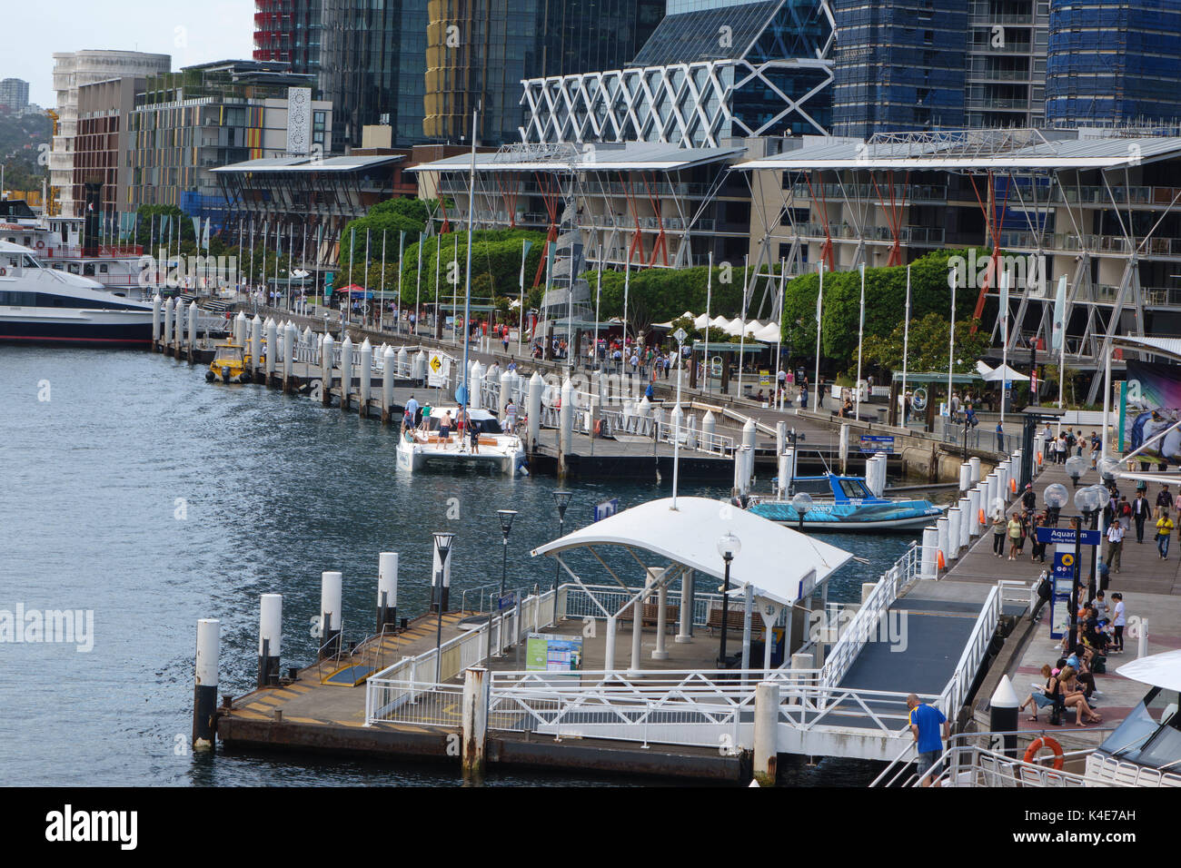 Hochhaus Gebäude entlang der Darling Harbour am Wasser im Sydney Aquarium Fähre, Sydney, Australien Stockfoto