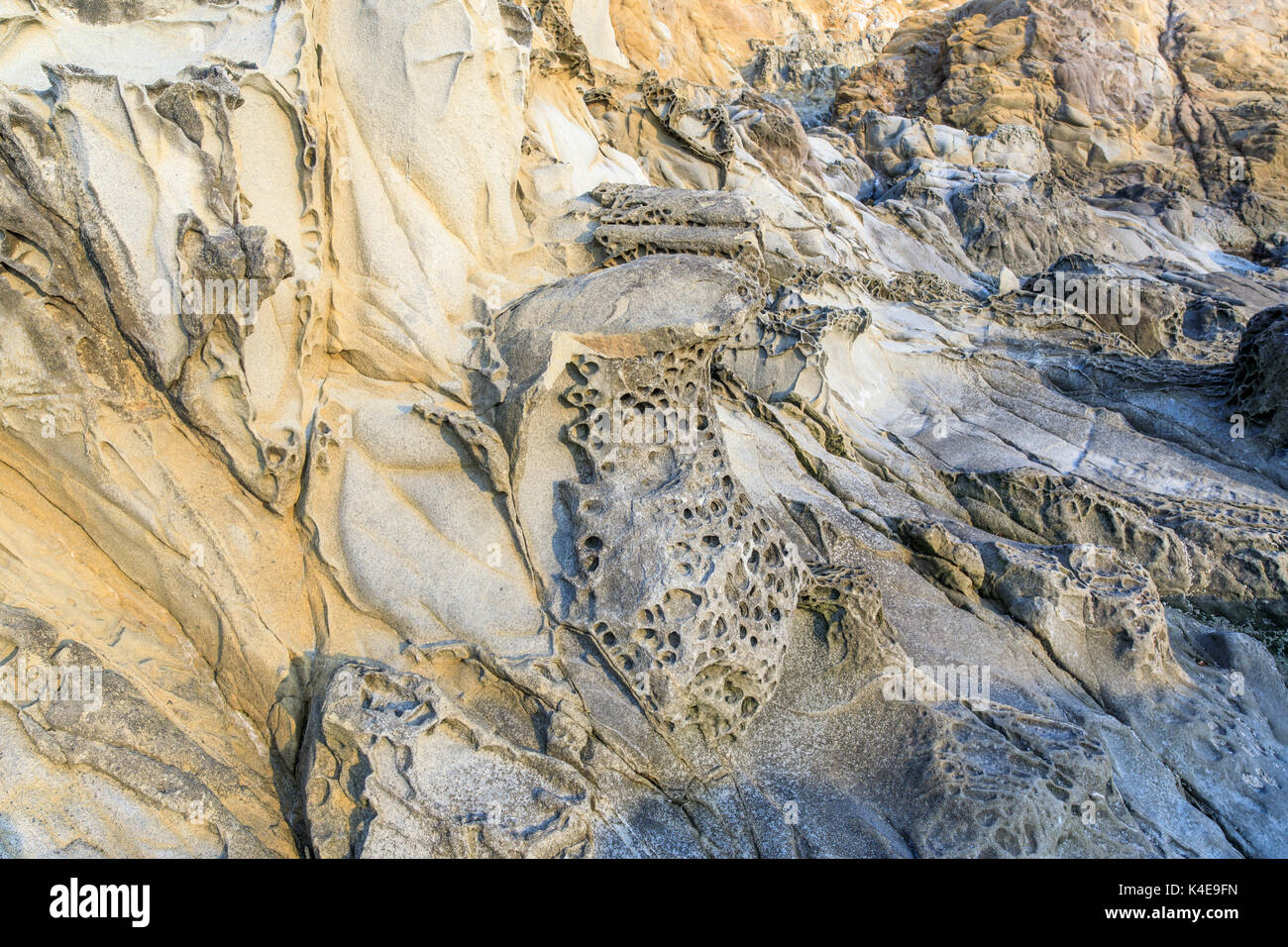 Tafoni Felsformationen an der Küste von Kalifornien. Stockfoto