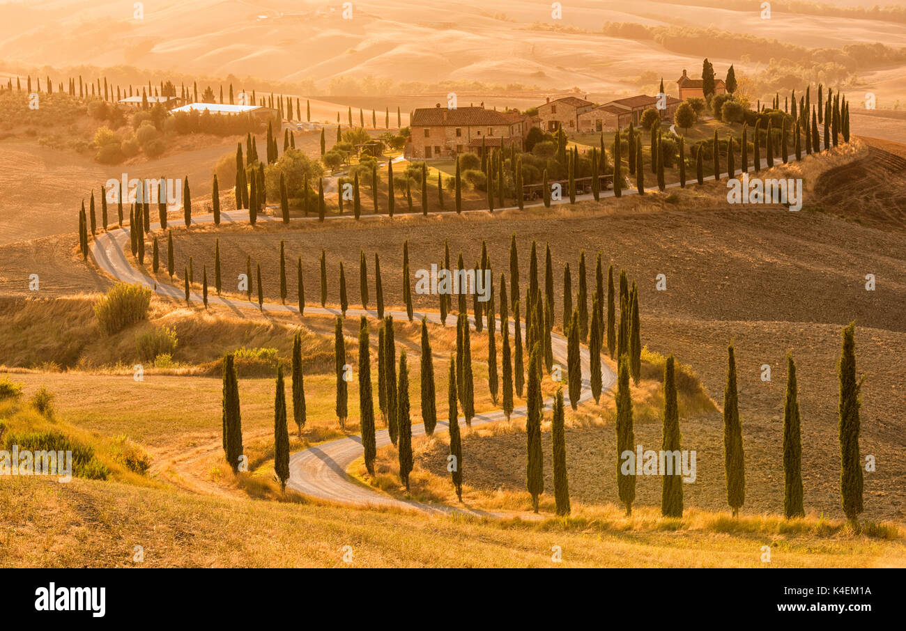 Sonnenuntergang im Agriturismo Baccoleno, in der Nähe von Asciano in der Toskana Italien Europa EU Stockfoto