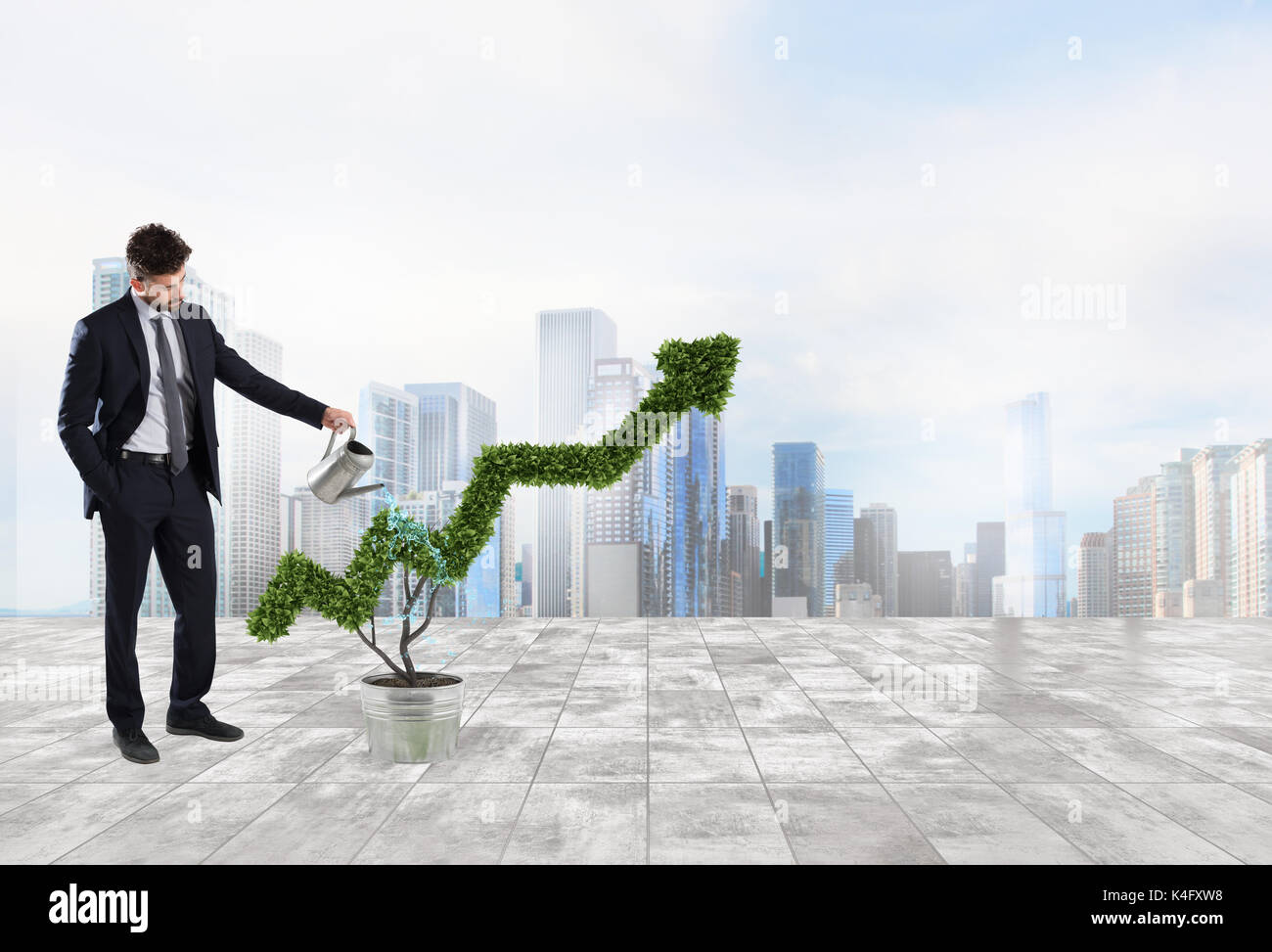 Unternehmer, die Bewässerung eine Pflanze mit einer Form der Pfeil. Konzept der Anbau von Unternehmen Wirtschaft. Stockfoto