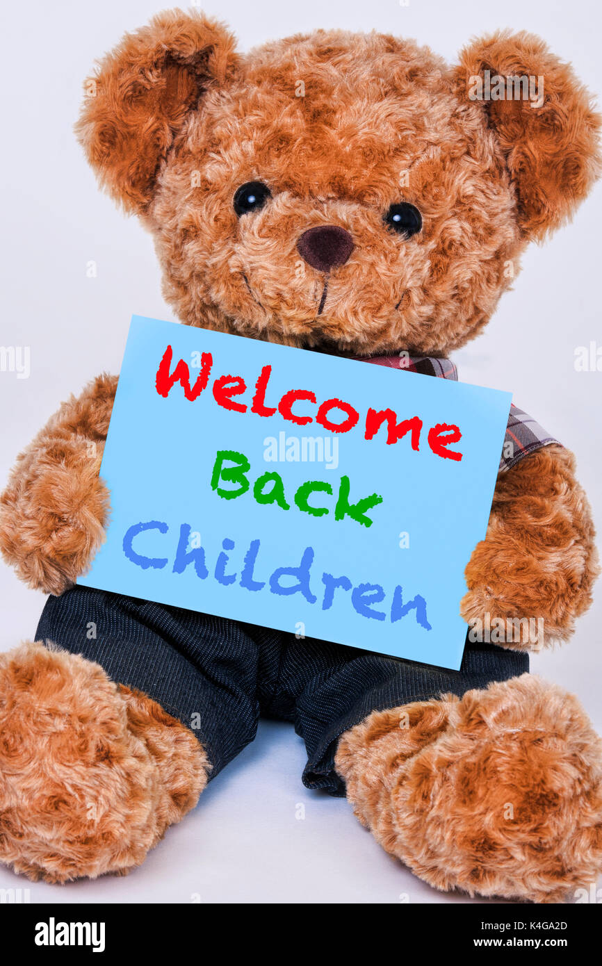 Cute teddy bear Holding ein blaues Schild hte sagt Willkommen zurück Kinder auf weißem Hintergrund Stockfoto