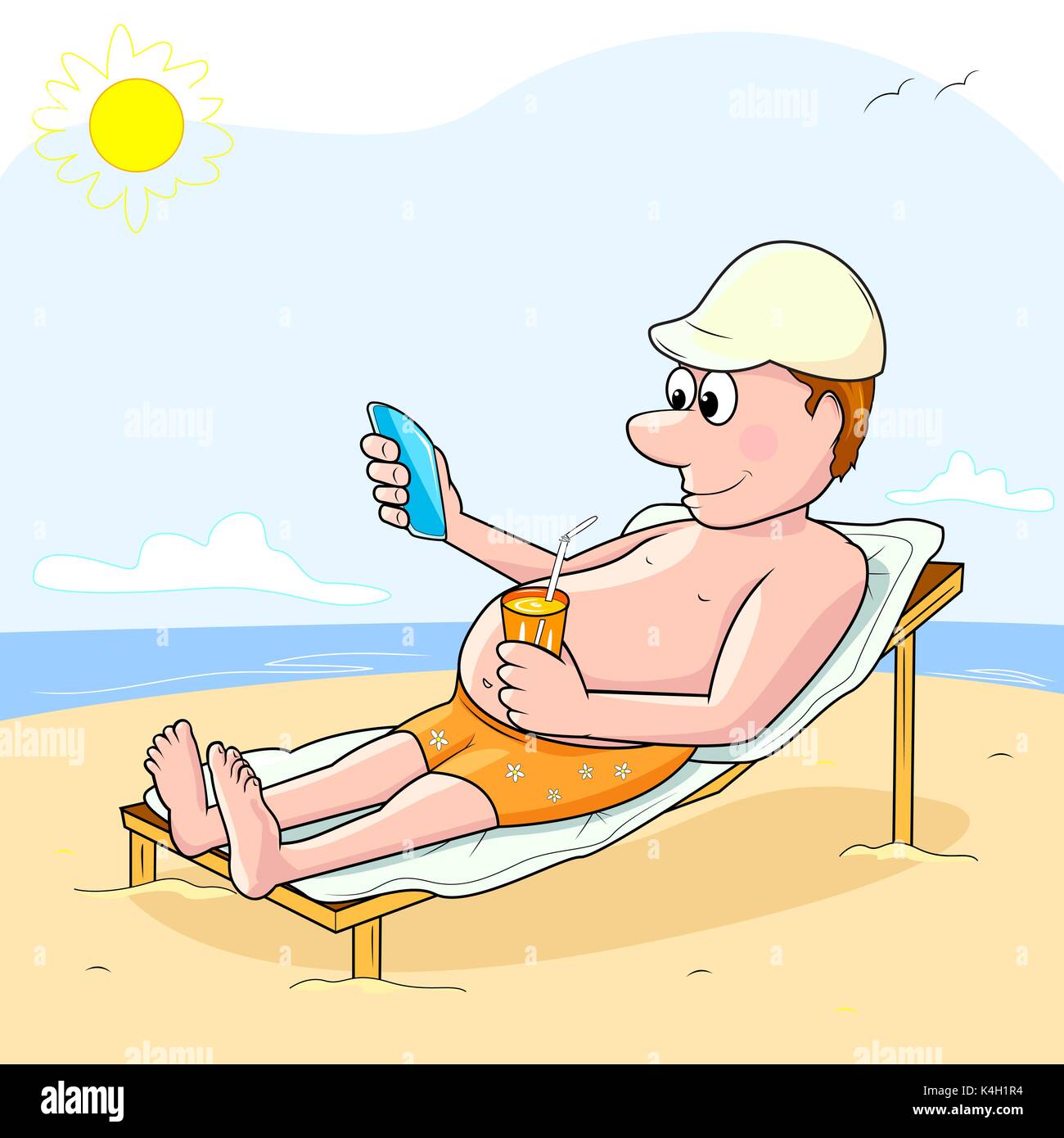 Mann mit Handy am Strand. Mann, Telefon in der Hand und nehmen Sie ein Sonnenbad am Strand. Stock Vektor