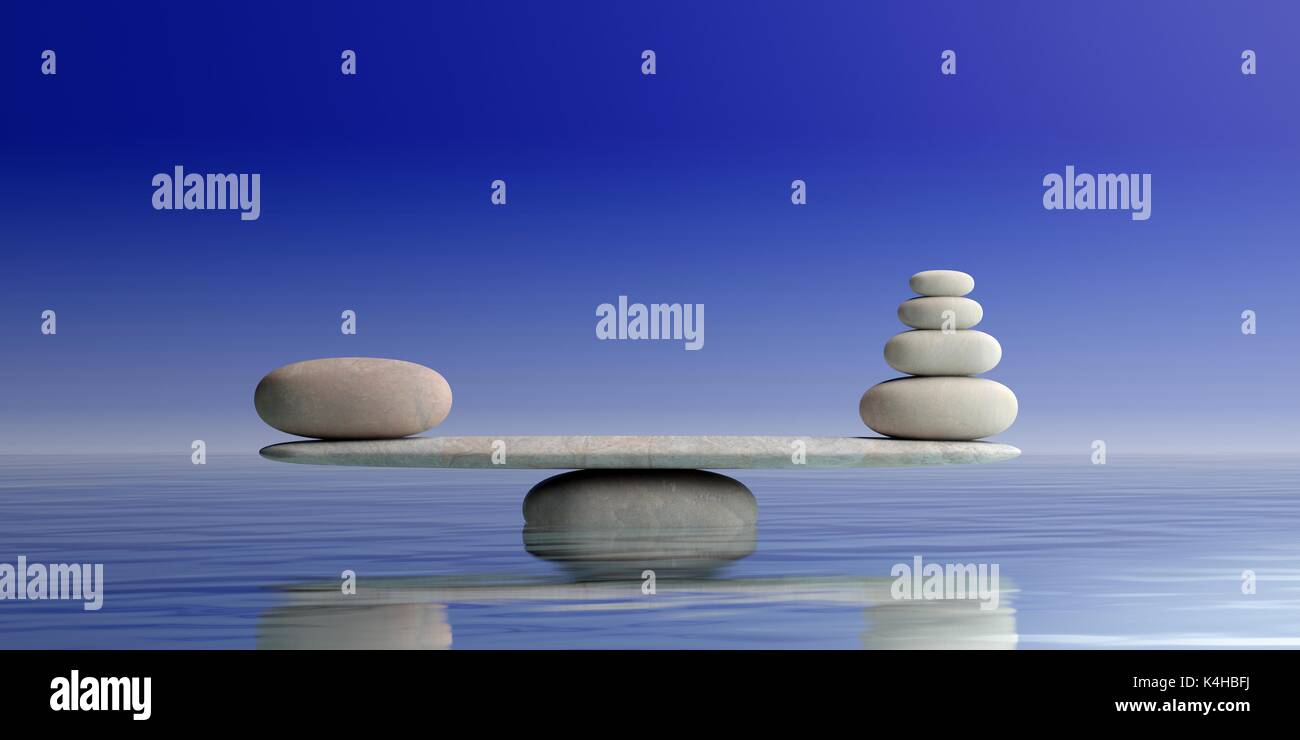 Zen Steine Balance auf blaues Wasser Hintergrund. 3D-Darstellung Stockfoto