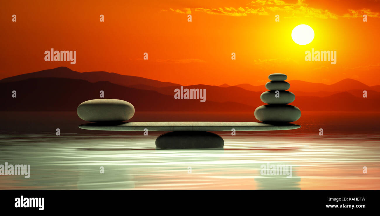 Zen Steine Balance auf Sonnenuntergang Hintergrund. 3D-Darstellung Stockfoto