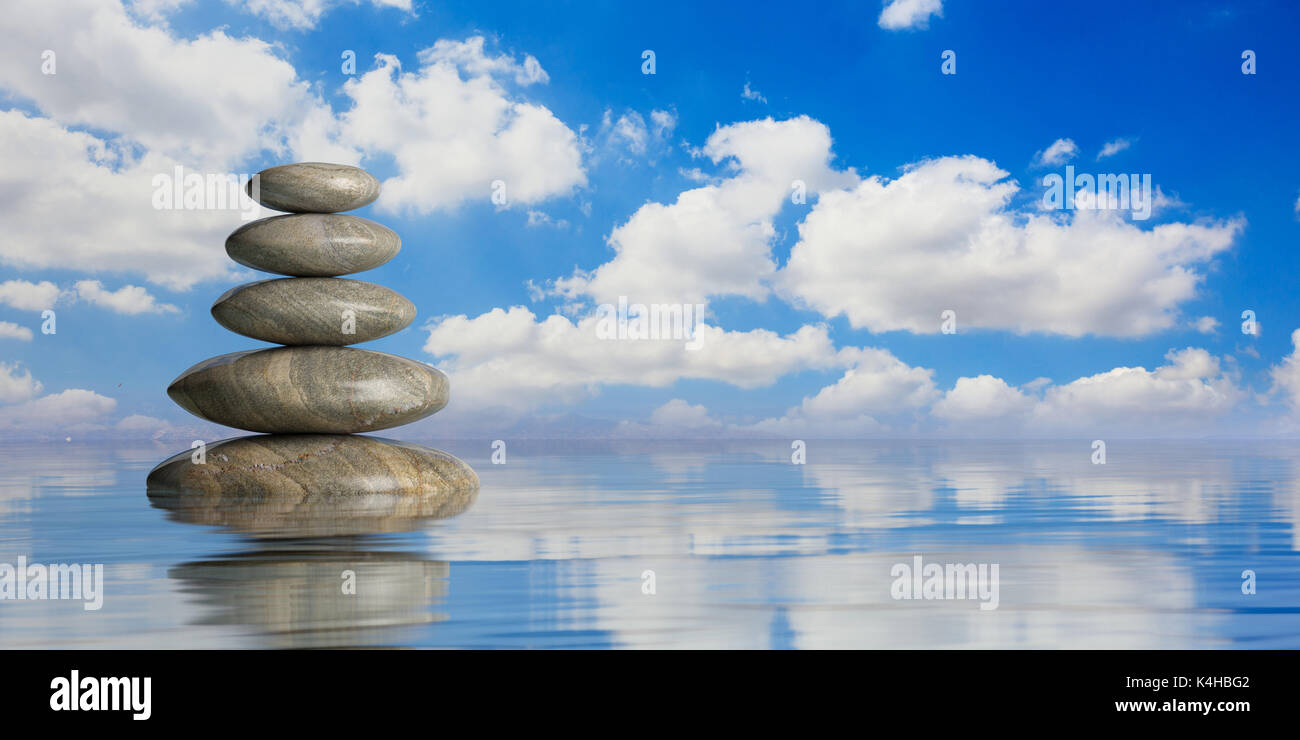 Zen Steine auf blauem Wasser Hintergrund stack. 3D-Darstellung Stockfoto