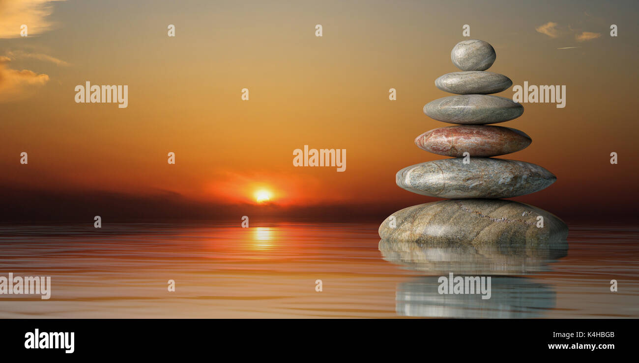 Zen Steine stapeln auf Wasser st Sonnenuntergang. 3D-Darstellung Stockfoto