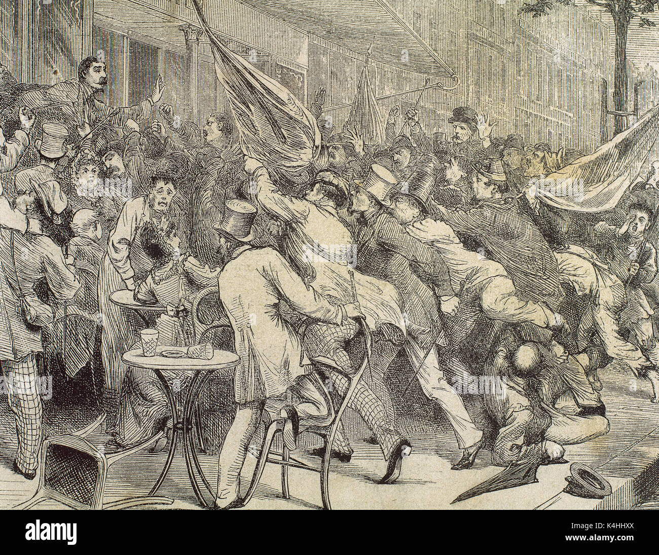 Deutsch-französischen Krieg (1870-1871). Paris. Boulevard Montmartre. Reaktion der Menschen, wenn er die Niederlage der Franzosen in Forbach kennt. Gravur "Die spanische und amerikanische Illustration', 1870. Stockfoto