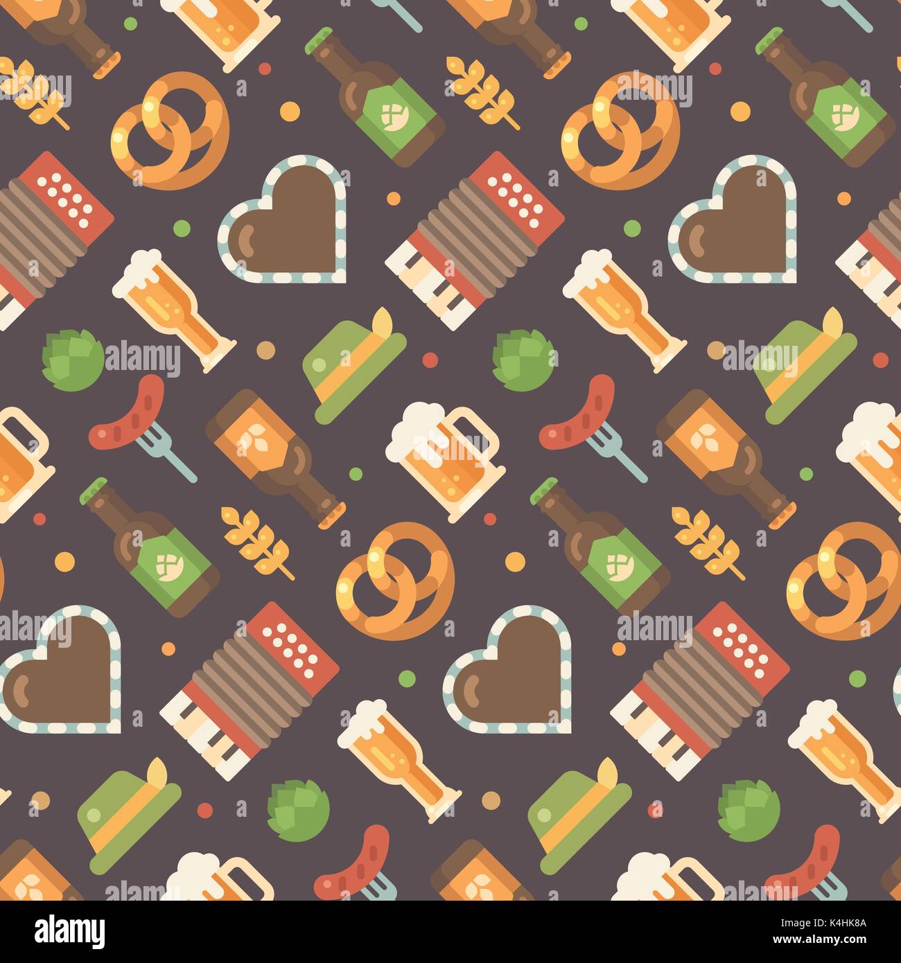 Oktoberfest flachbild Symbole Muster. Beer Festival Muster auf dunklem Hintergrund. Lebkuchenherz, Akkordeon, Würstchen auf eine Gabel, Bierkrug, Bierflasche, hop, Stock Vektor