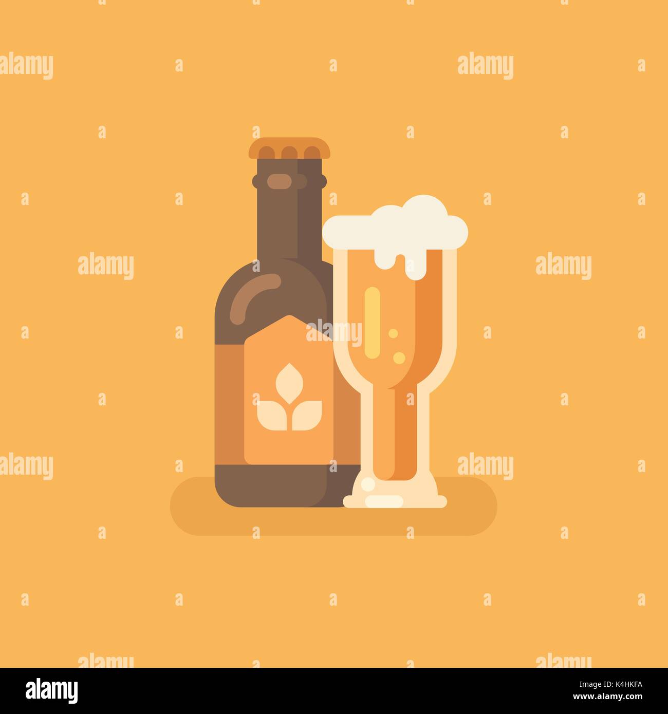 Bier Flasche und Bier Glas auf orangem Hintergrund. Oktoberfest flachbild Abbildung Stock Vektor