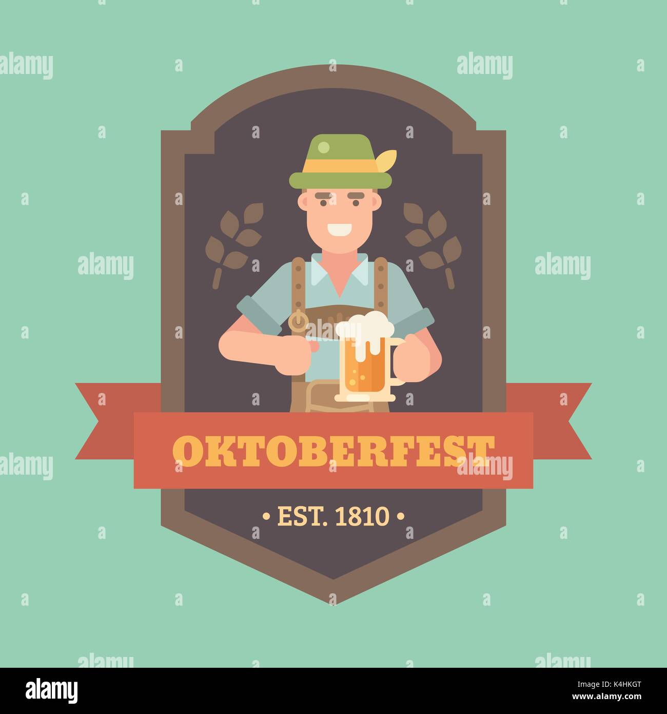 Oktoberfest flachbild Abbildung Abzeichen mit einem Mann in Lederhose und hat einen Bierkrug. Handwerk Bier Festival banner Stock Vektor