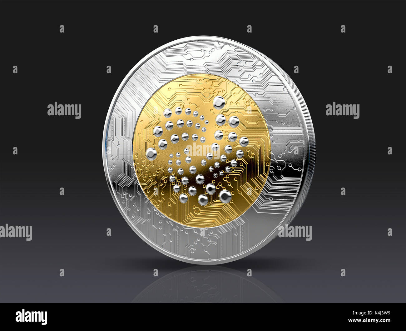 Eine physische Iota cryptocurrency in Gold und Silber münze Form auf einem dunklen Hintergrund Studio - 3D-Rendering Stockfoto