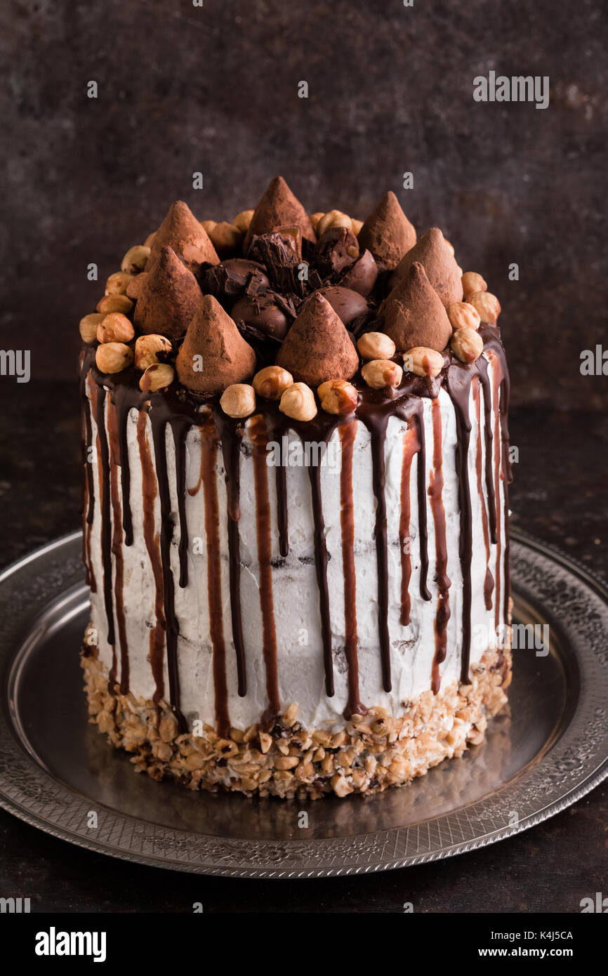 Schokoladenkuchen. Schichten von reichen Schokoladenkuchen, Karamell Buttercreme, Karamell-Sauce und gehackte Haselnüsse. Rustikaler Schokoladenkuchen. Stockfoto