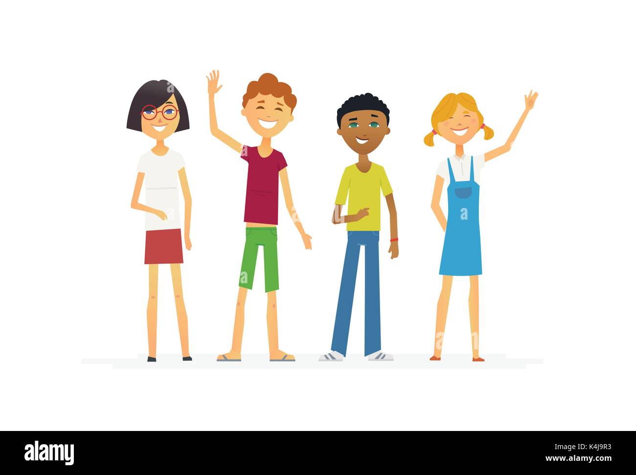 Gerne stehen die Schüler - cartoon Menschen Zeichen isoliert Abbildung. Lächelnden jungen und Mädchen winkende Hände. Eine tolle Präsentation mit t Stock Vektor