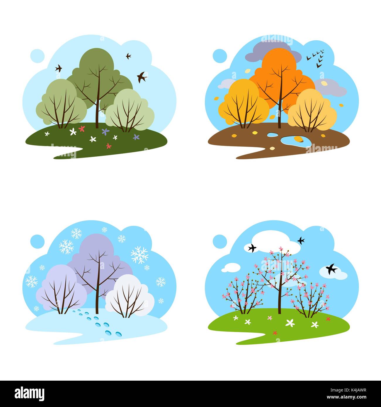 Vier Jahreszeiten. Vier Abbildungen auf einem weißen Hintergrund. Stockfoto