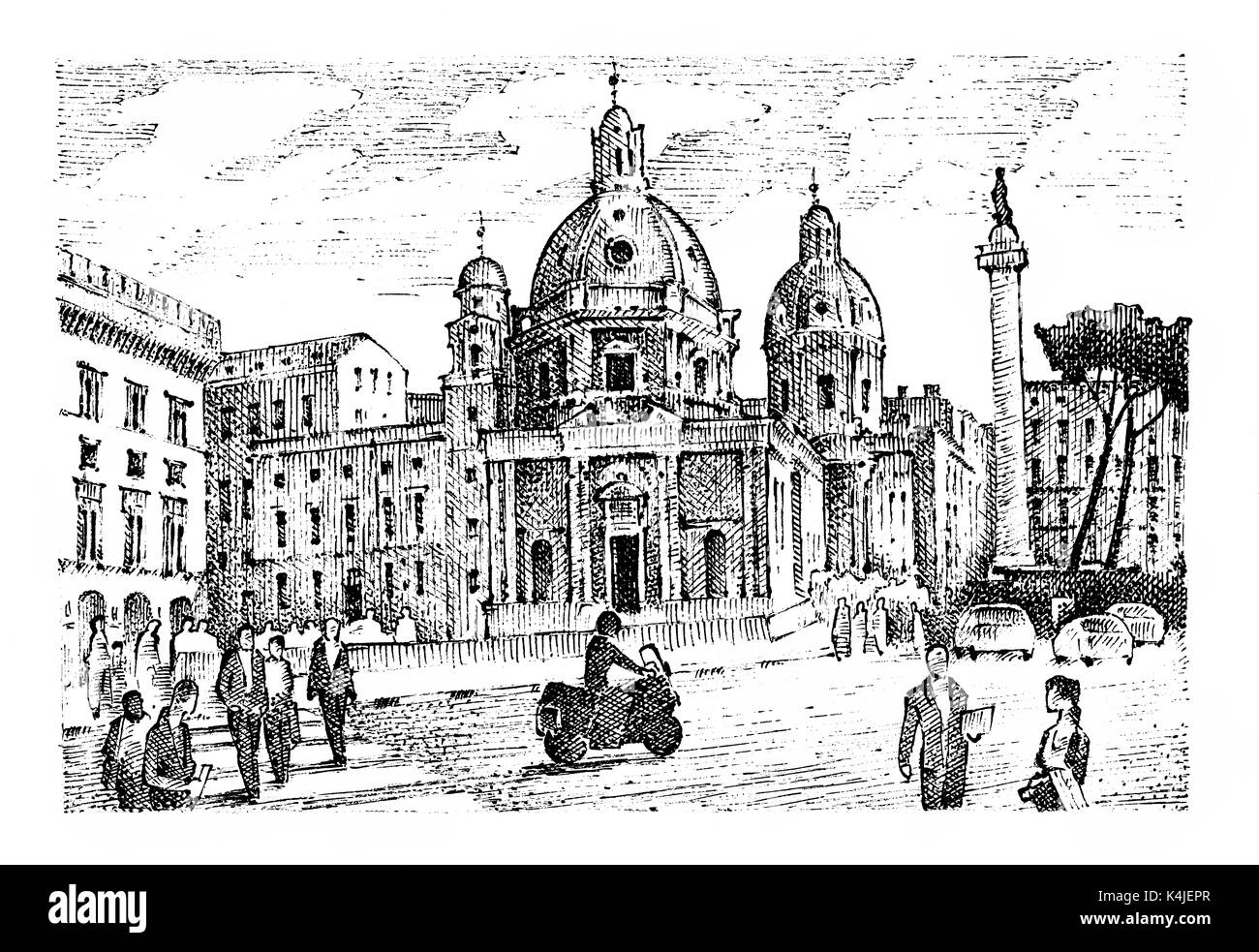 Landschaft in Europäischen Stadt Rom in Italien. graviert Hand in alte Skizze und vintage Stil gezeichnet. historische Architektur mit Gebäuden, Perspektive vi. Stockfoto