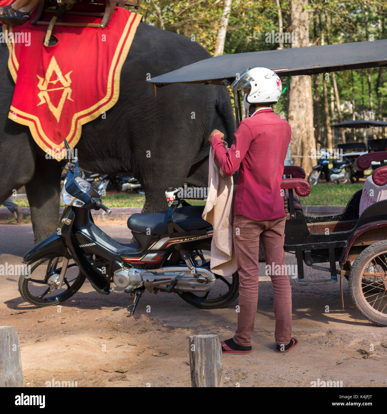 Rückansicht der Mann stand in der Nähe von Auto-rikscha, krong Siem Reap, Siem Reap, Kambodscha Stockfoto