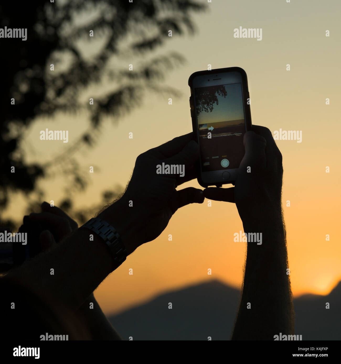 Person's Hand mit Smartphone, Mount Phousi, Luang Prabang, Laos Stockfoto