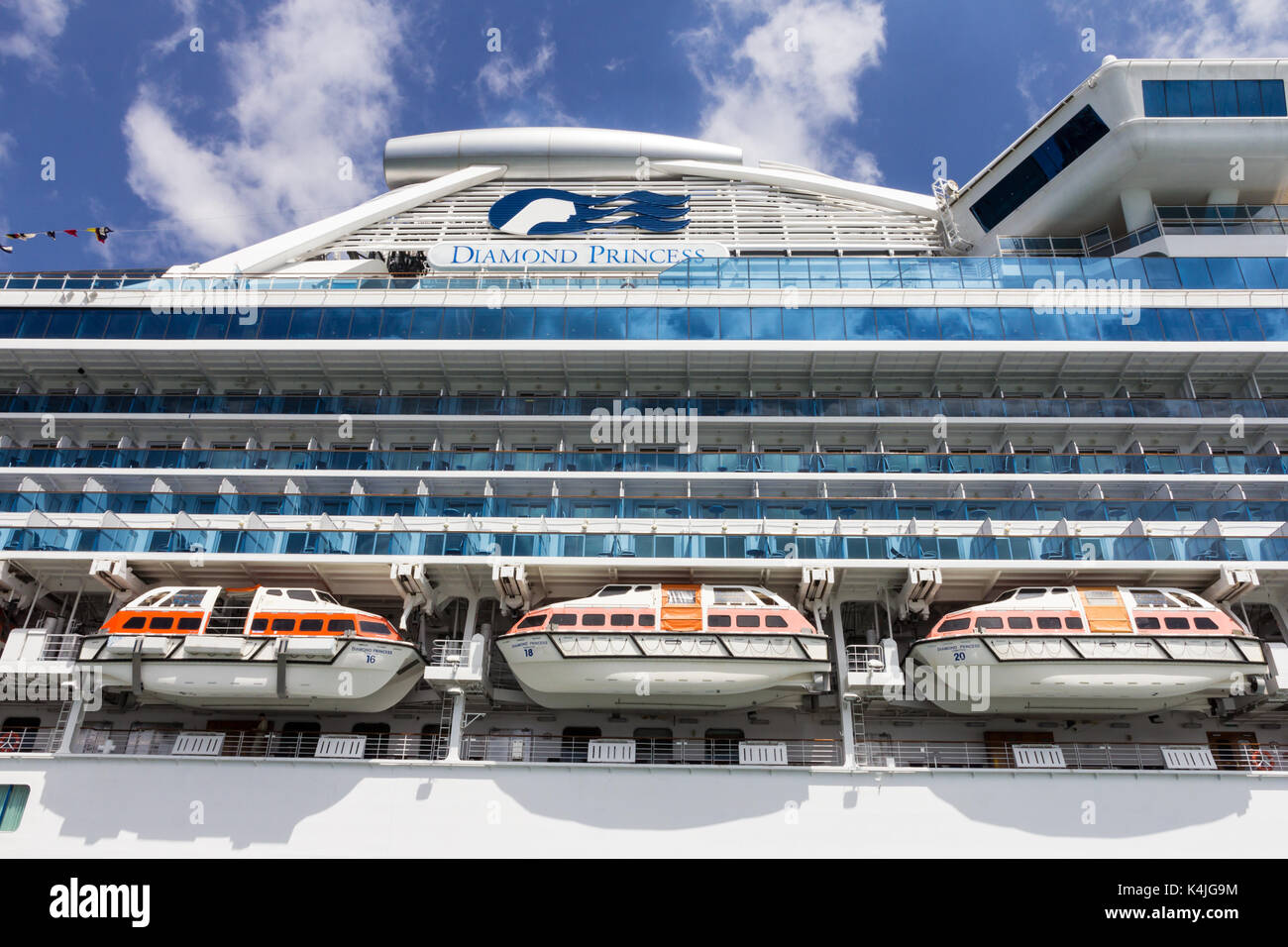 Rettungsboote auf dem Kreuzfahrtschiff Diamond Princess vertäut im Hafen von Sydney, NSW, New South Wales, Australien Stockfoto