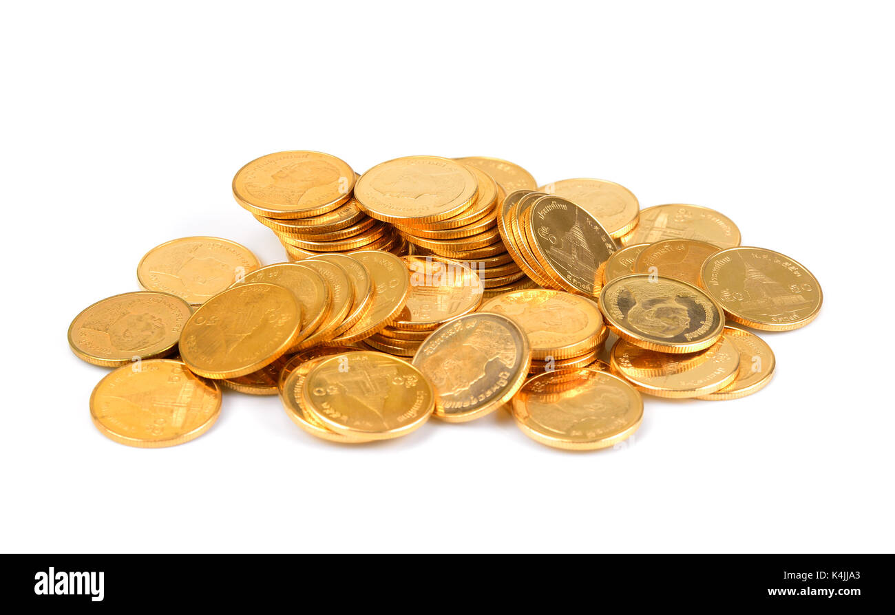 Gold Thai Baht, Geld, thailändische Münze, Geld thailändische Münzen (Badewanne) Treppe sortiert. Der König von Thailand. Einsparungen, Busines erfolgreich. Stockfoto