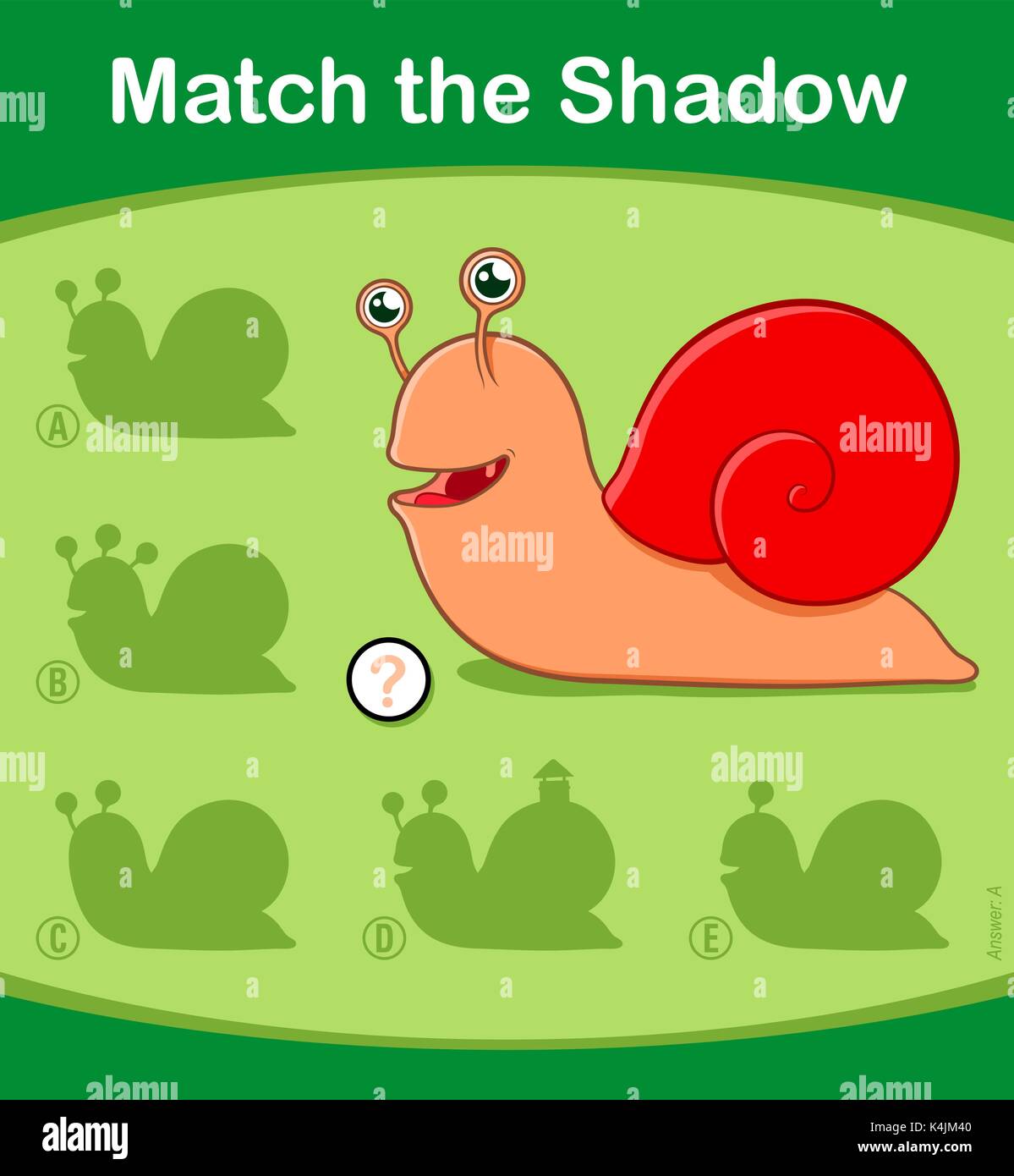 Passen Sie das pädagogische Puzzlespiel "Shadow Kids" mit der bunten Schnecke und fünf verschiedenen Silhouettenvarianten an Stock Vektor
