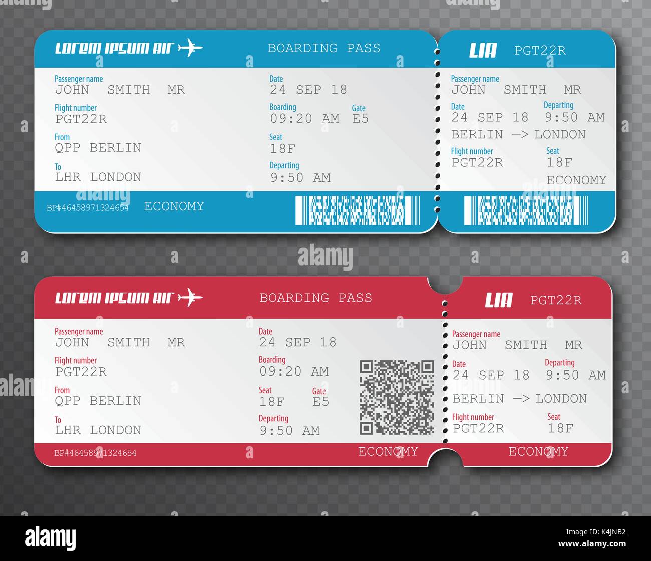 Airline Bordkarte ticket Tear-off-Element festgelegt, auf transparentem Hintergrund isoliert. Vector Illustration. Rot und Blau Passagierflug Karte mit QR Stock Vektor