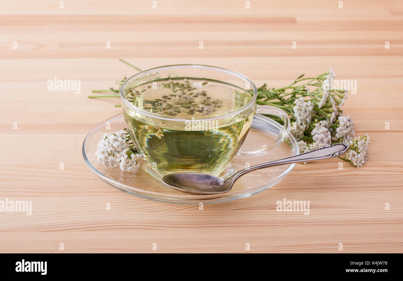 Schale mit frischen Schafgarbe Tee auf einem hölzernen Hintergrund Stockfoto