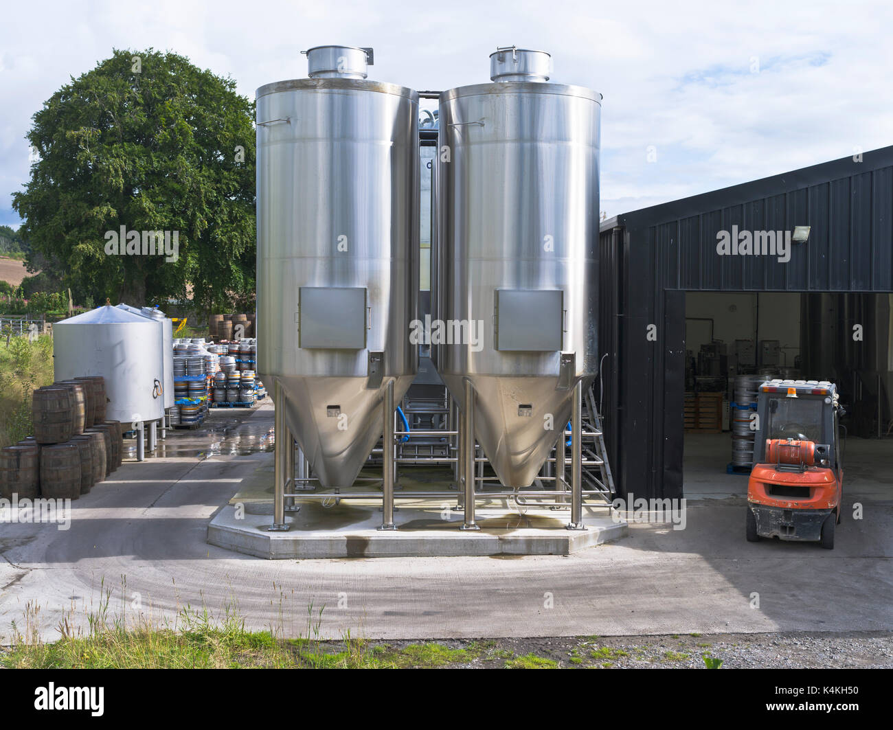 dh Black Isle Brewery MUNLOCHY ROSS CROMARTY Lagerung in Edelstahl Tanks Bierherstellung Mikrobrauerei Schottland Fermenters Gärtank Stockfoto