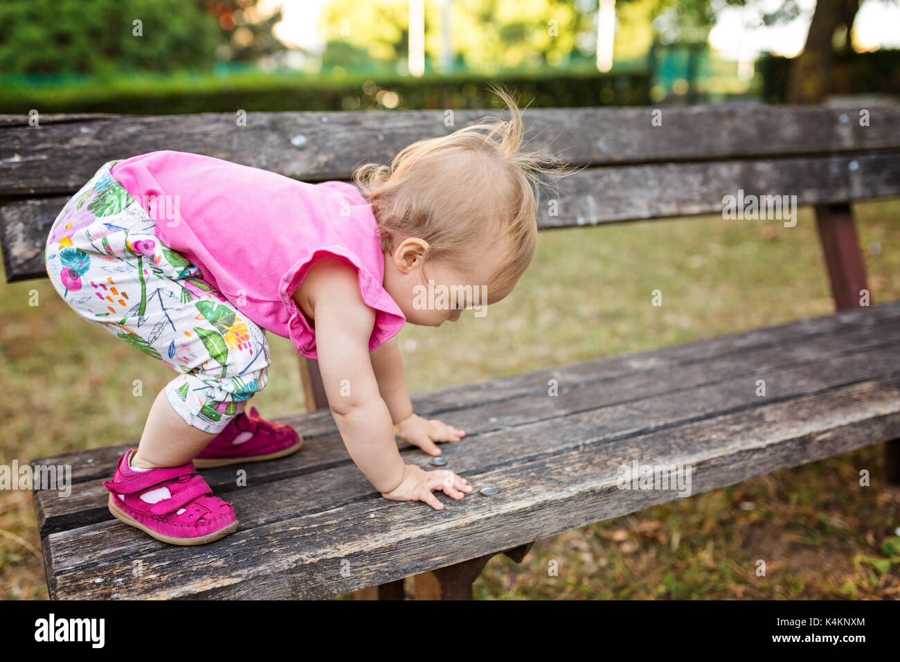 15 Monate altes Baby Mädchen klettern die Holzbank im Park Stockfoto