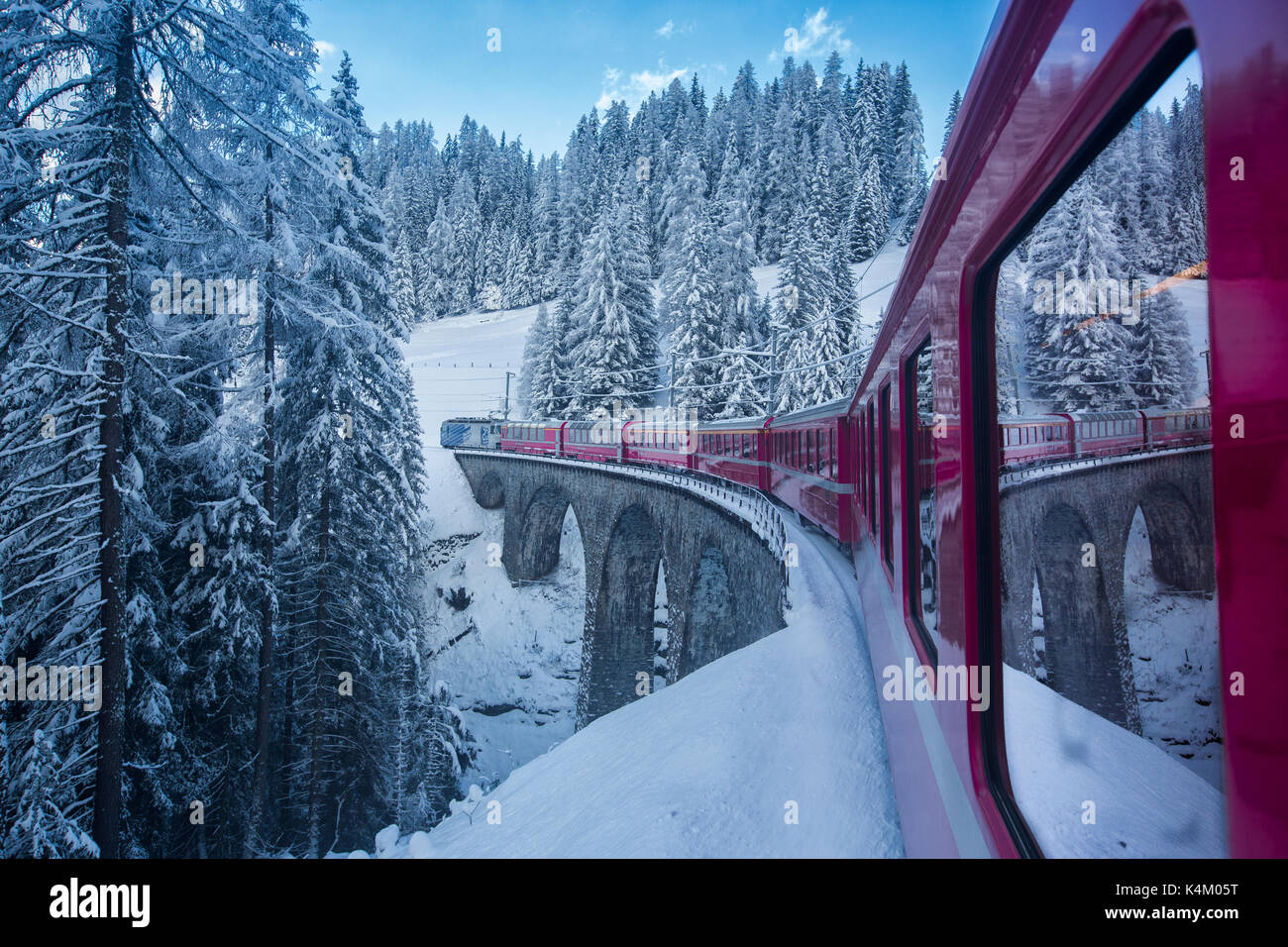 Bernina Express führt durch die verschneiten Wälder Filisur Kanton Graubünden-Schweiz-Europa Stockfoto