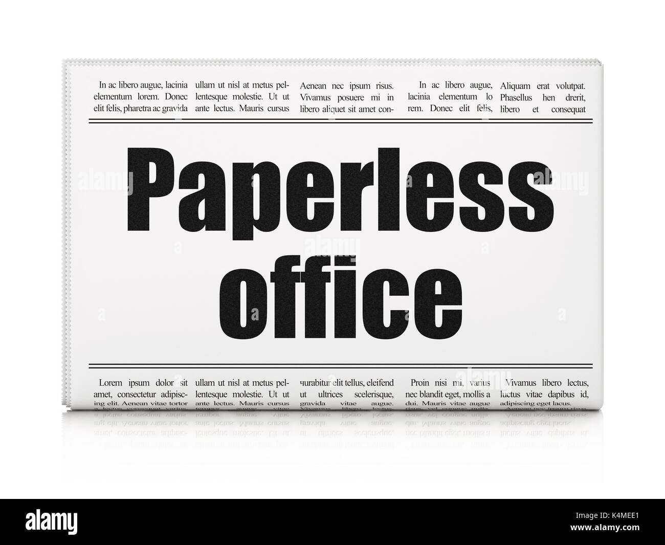Finanzkonzept: Zeitungsüberschrift papierloses Büro auf weißem Hintergrund, 3D-Rendering Stockfoto