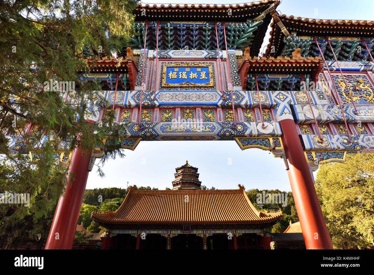 Peking, China - Mai 7,2016: Sommerpalast in Peking. translate 'Stars umgeben und schützen Sie das Land der Götter" China. Stockfoto