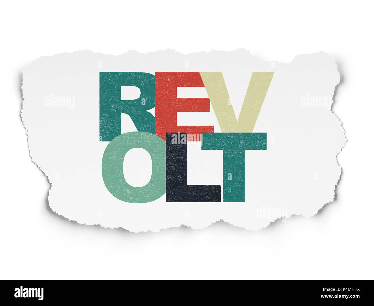 Politik Konzept: Bemalte multicolor text Revolte auf zerrissenes Papier Hintergrund Stockfoto