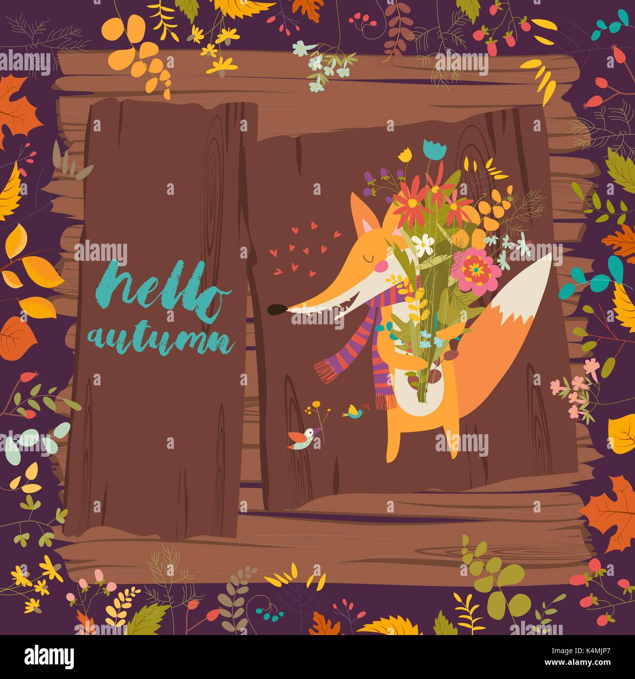 Schönen Herbst Karte mit einem Fuchs und Blumen Stock Vektor