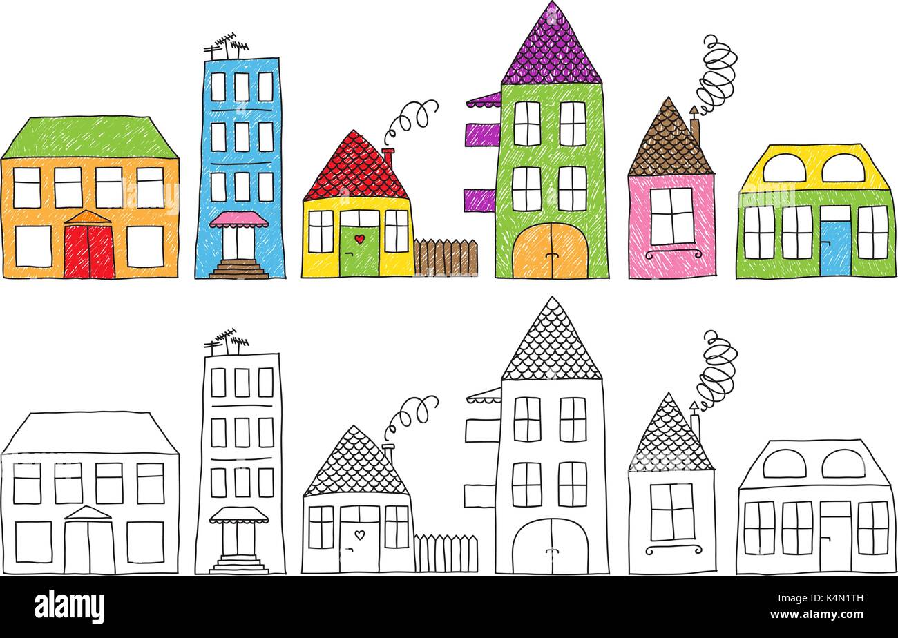 Einstellen der naiven kindlichen Zeichnung der verschiedenen Häuser, farbige unvollkommen oder gar nicht gefärbt. Stock Vektor