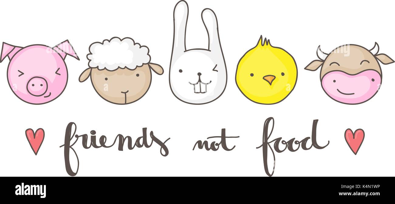 Freunde nicht essen, vegan Konzept Abbildung, mit Niedlichen Tier Gesichter und faux Kalligraphie hand Schriftzug Text. Geeignet für t-shirt Design. Stock Vektor