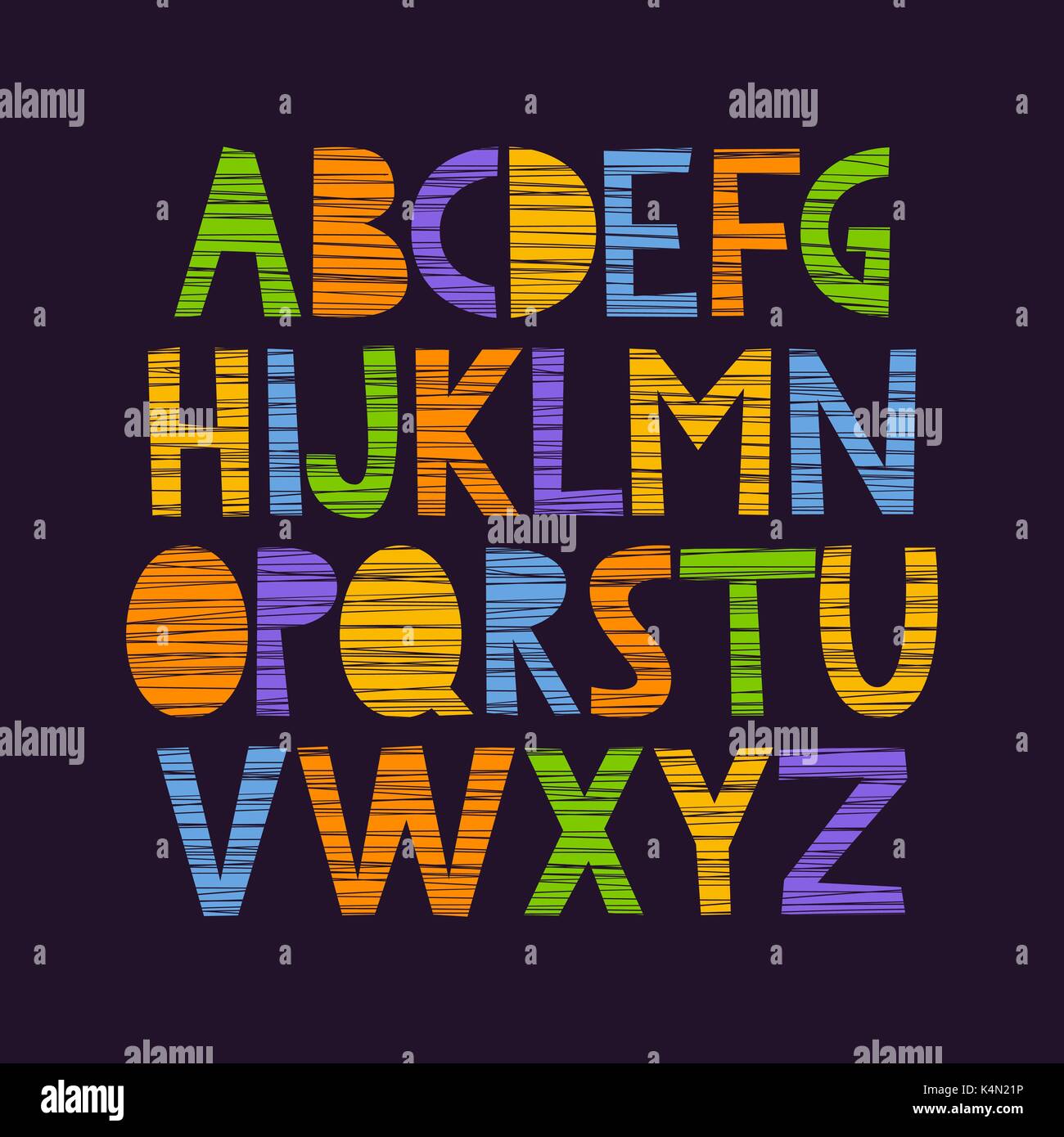 Süß und bunten kindlichen Hand englische Alphabet, mit Kratzer Textur. Stock Vektor