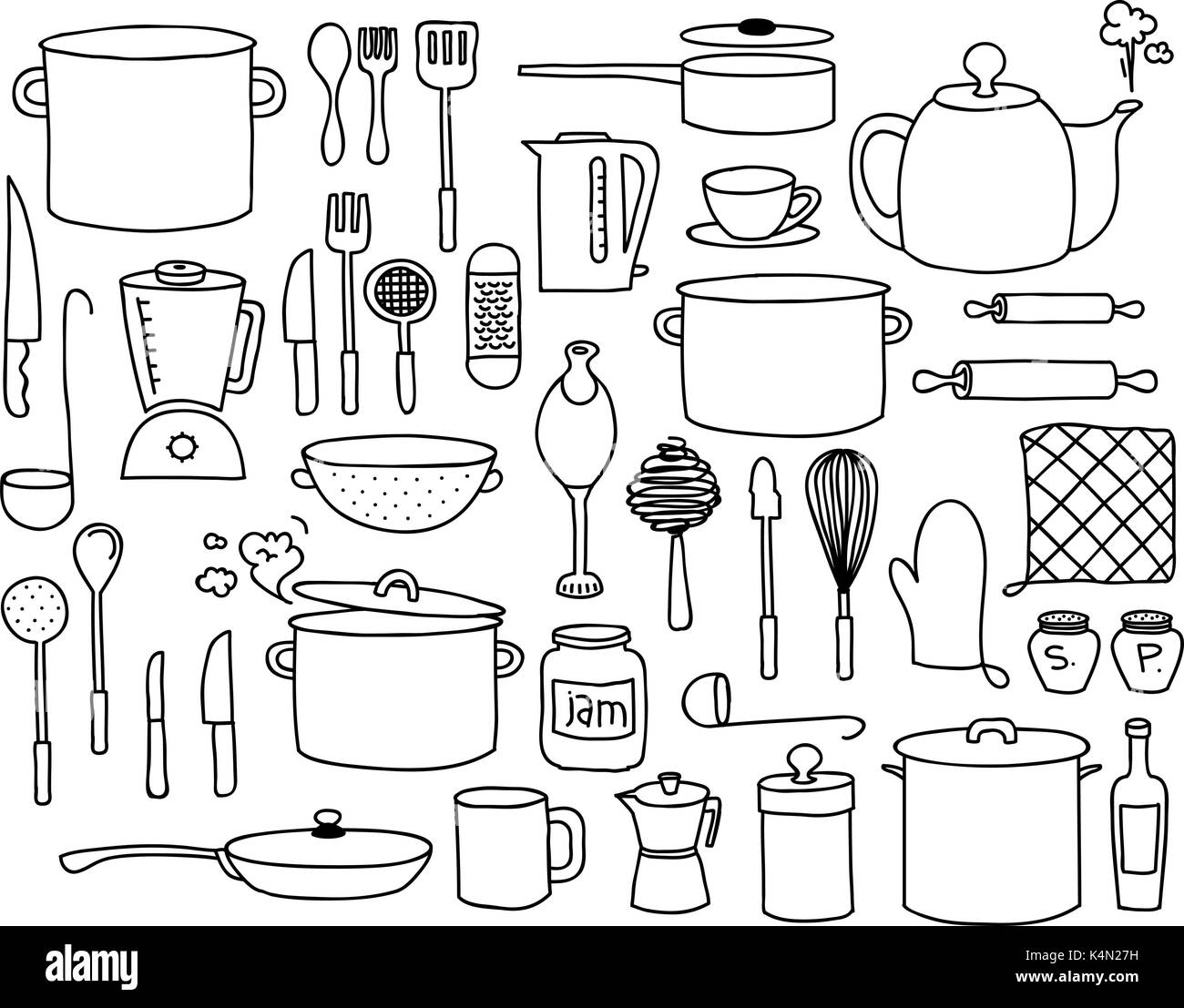 Geschirr, Töpfe und andere Küche ähnliche Elemente doodle Sammlung. Stock Vektor