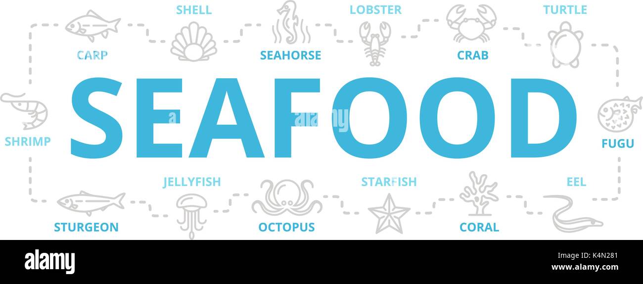 Vektor Meeresfrüchte und Fisch dünne Linie Banner für Design Konzept. Abbildung für Präsentationen auf weißem Hintergrund Stock Vektor
