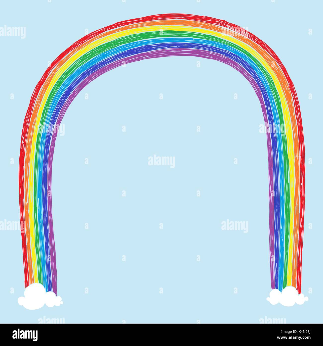 Kindisch unvollkommenen Zeichnung eines Regenbogens und zwei Wolken mit Platz für Ihre Nachricht. Stock Vektor