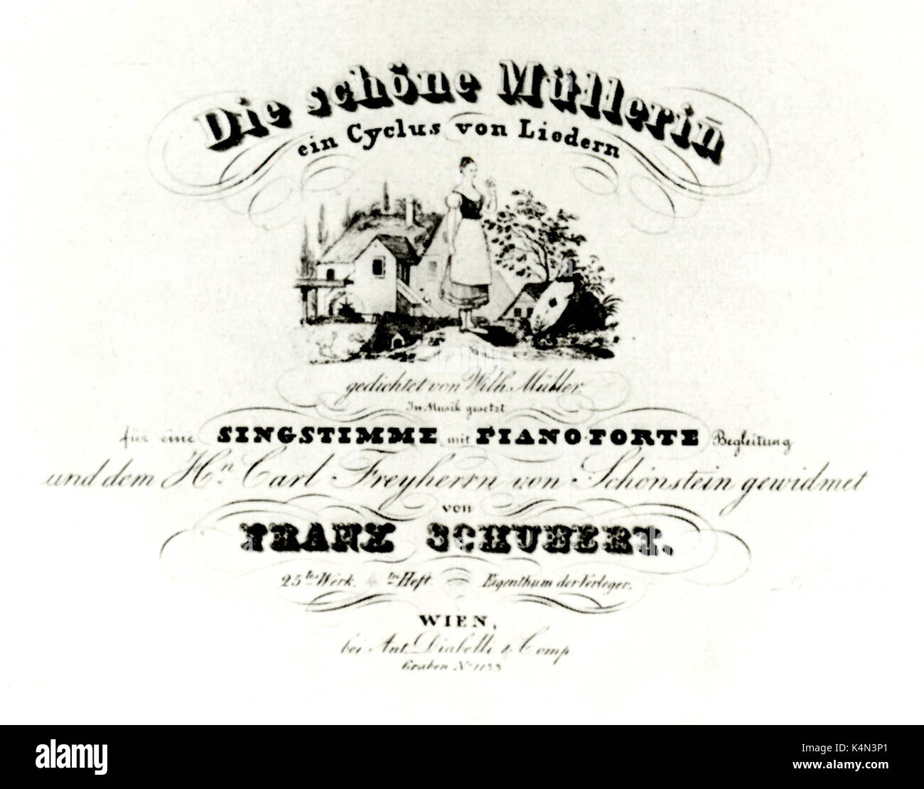 SCHUBERT-DIE SCHÖNE MÜLLERIN Titlepage der Score von seinem Song-Zyklus. Musik von Schubert, Worte von Müller Stockfoto
