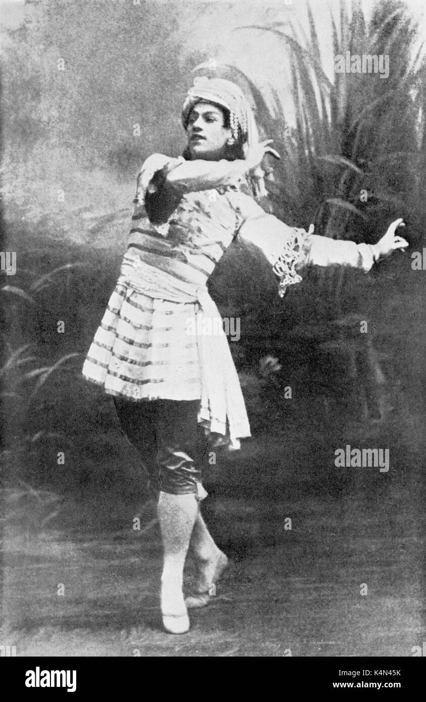 Vaslav Nijinksy - tanzen im Mariinsky Theater, St. Petersburg, Russland. Ballets Russes de Serge/Sergej Diaghilew. Russian-Polish-amerikanische Tänzerin und Choreografin: 17. Dezember 1889 - 8. April 1950. Stockfoto