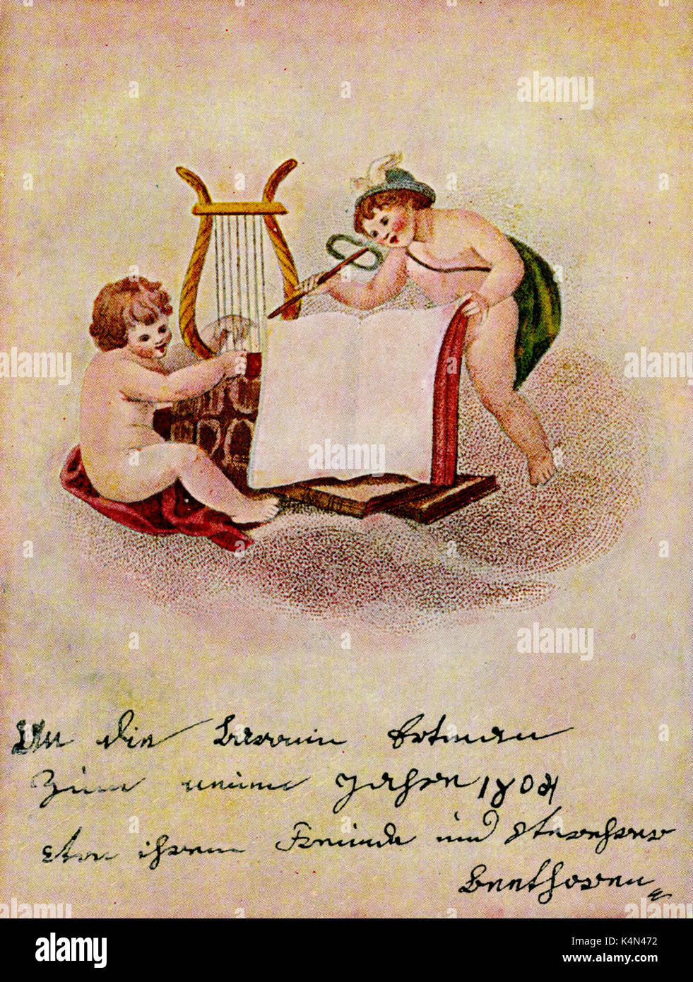 BEETHOVEN - New Year's card, 1804 Baroness Dorotea Mokosch. Engel deutsche Komponist 1770-1827. Karte zeigt zwei Putti spielen Lyra. Stockfoto